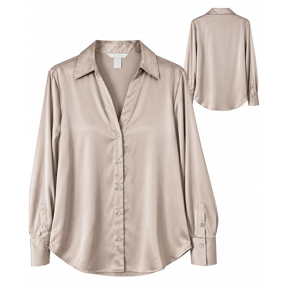 H&M Womens Medium Champagne Satin Button Front Long Sleeve Blouse Shirt